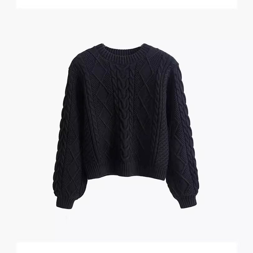 Damen Grobstrickpullover mit kreativem Zopfmuster und weit geschnittenen Ärmeln R&B