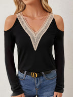 Damen nan Langarmshirt mit offenen Schultern und gehäkeltem V-Spitzenbesatz R&B