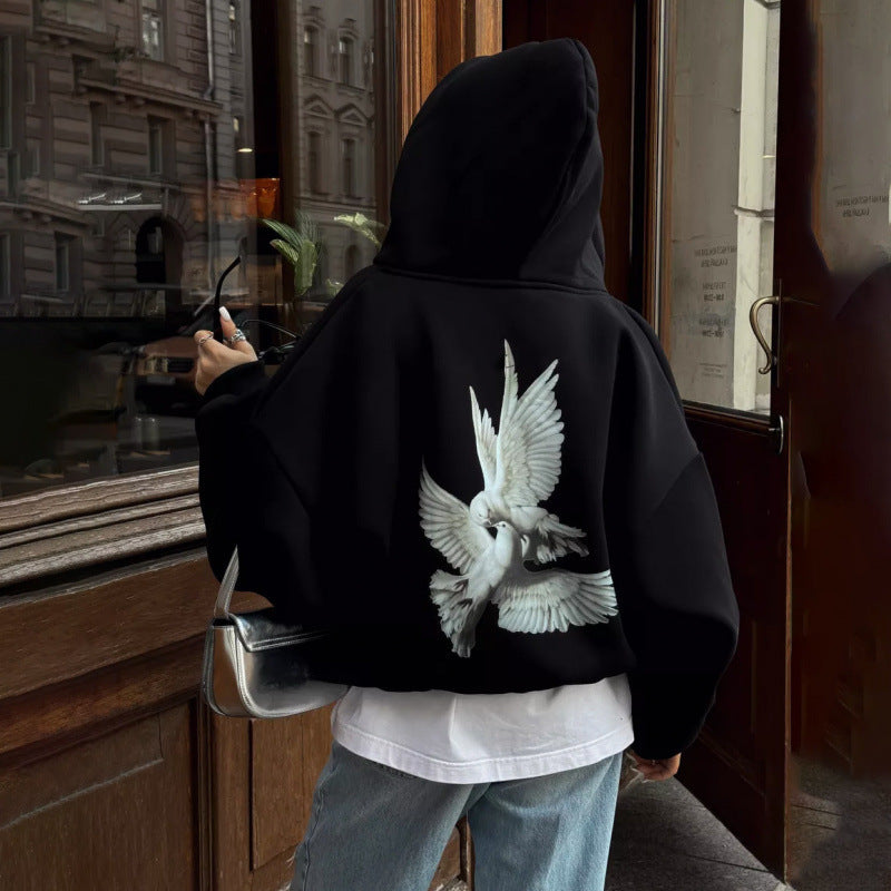 Damen Kapuzensweater mit kunstvollem Vogelmotiv und entspannter Passform
