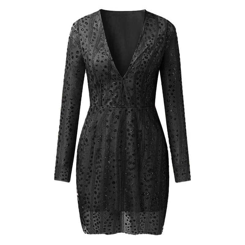 Damen Elegantes Cocktailkleid mit tiefem V-Ausschnitt und funkelnden Pailletten R&B