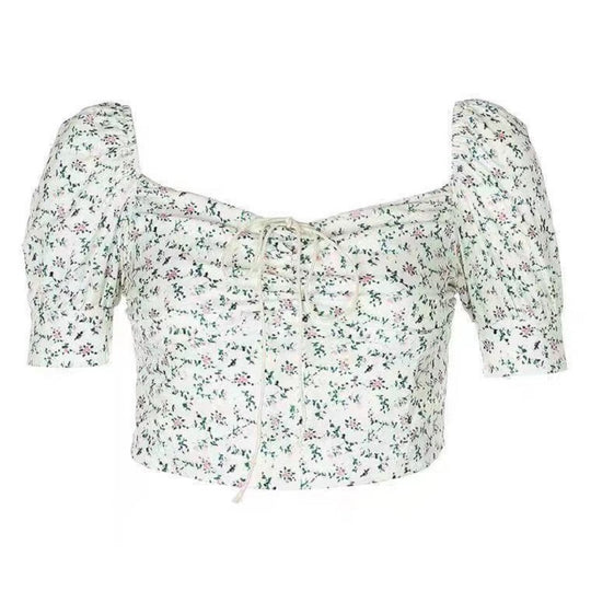 Damen Crop-Top mit Puffärmeln und floralem Design