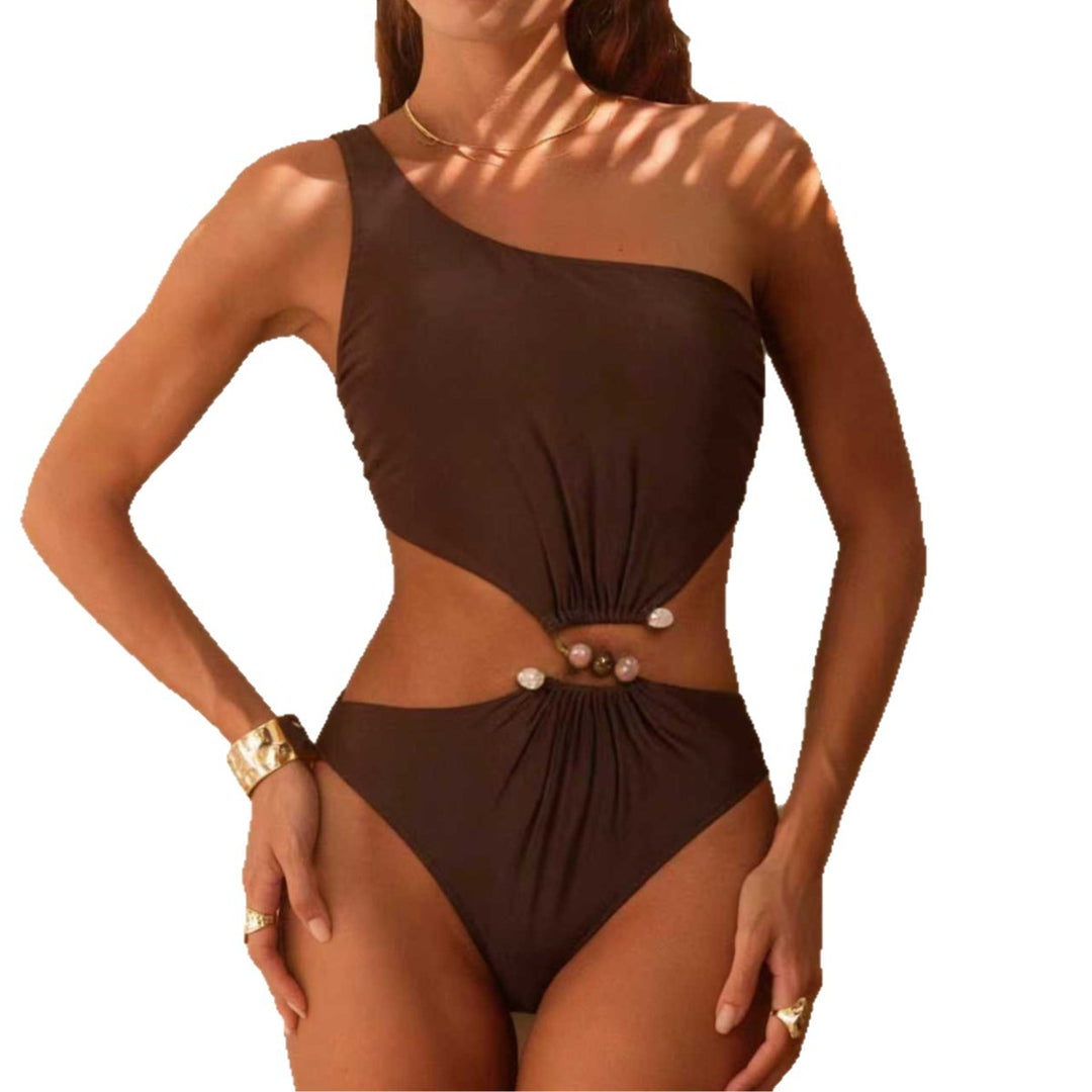 Damen asymmetrischer Cut-Out-Badeanzug mit Schmuckdetails R&B