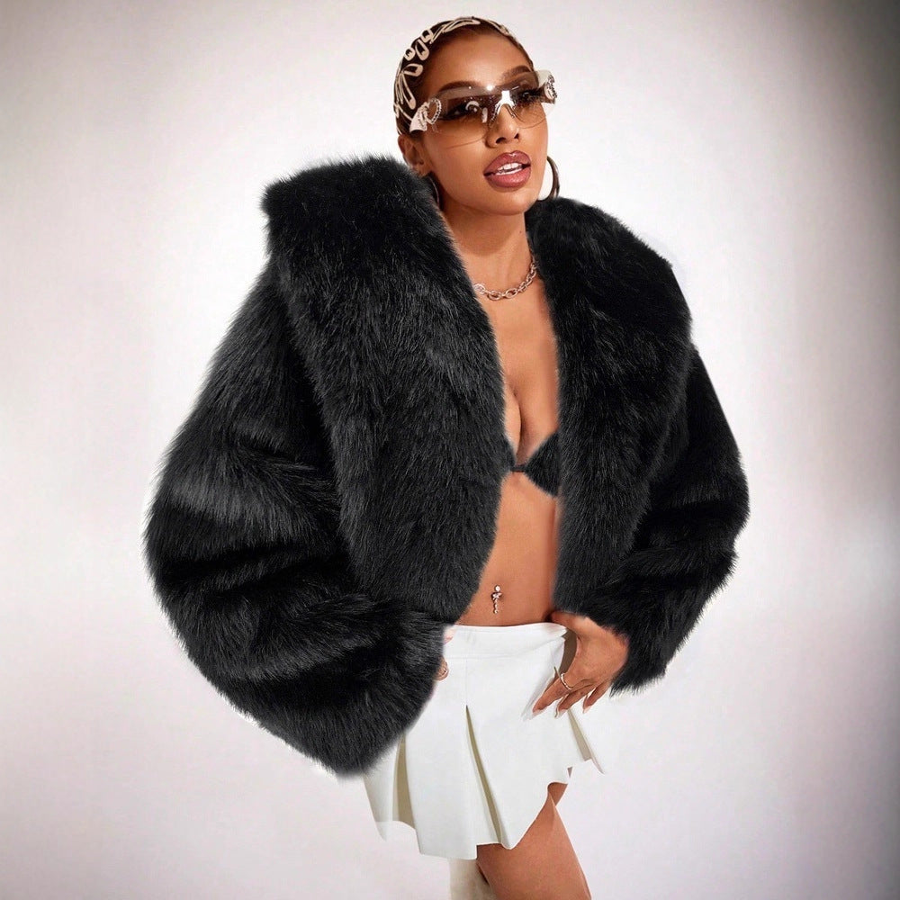Damen Hochwertige elegante Kunstpelzjacke mit Kapuze R&B