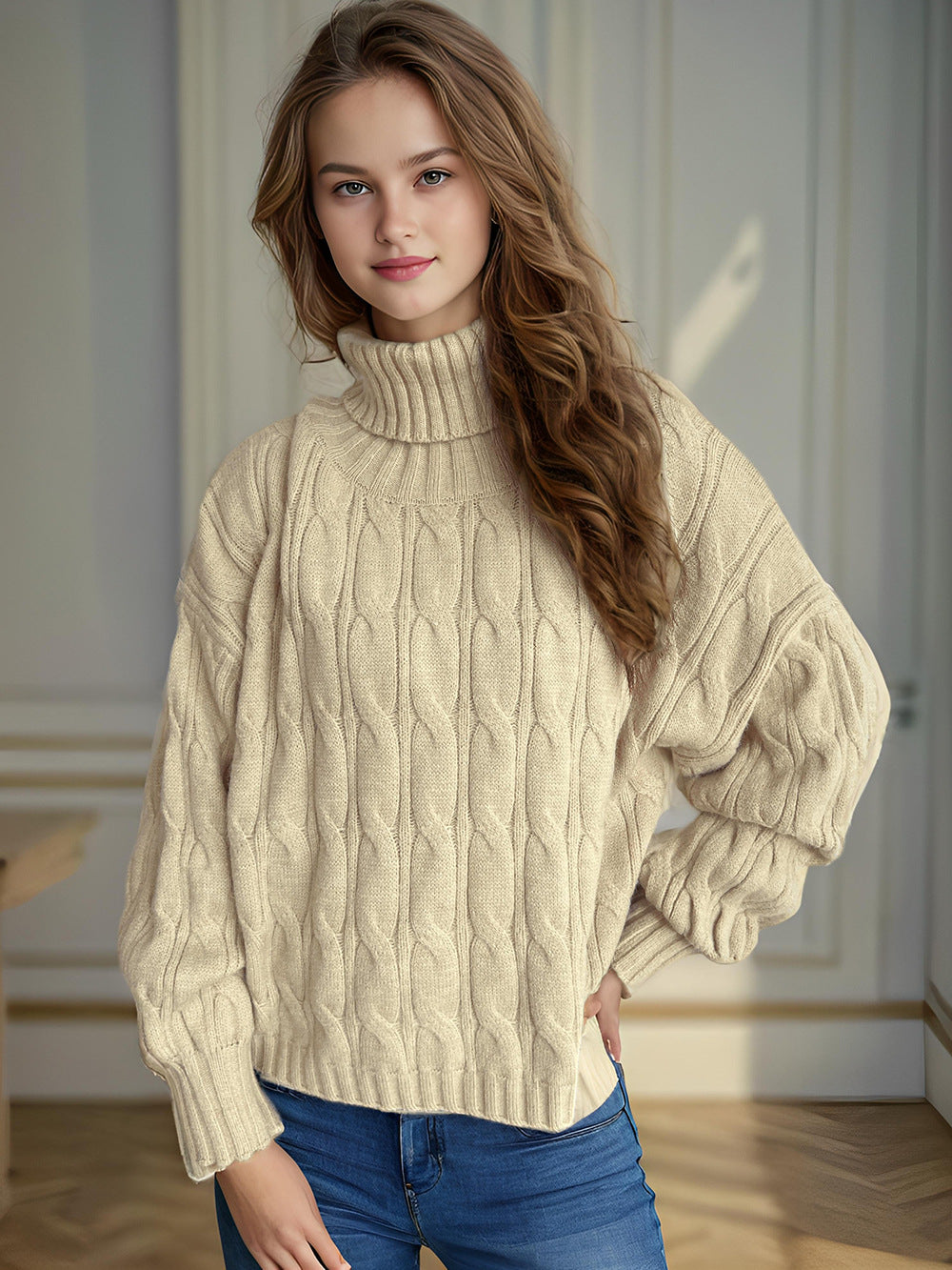 Damen Strickpullover mit hohem Kragen und strukturierter Zopfoptik R&B