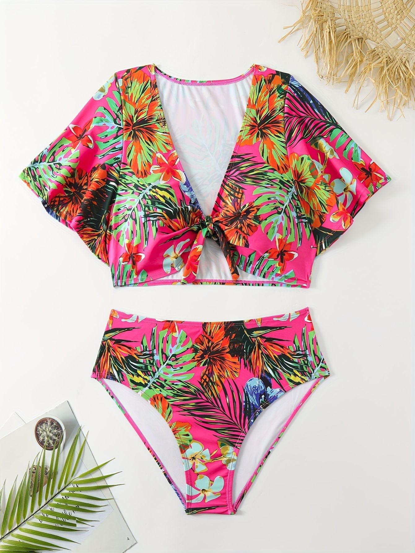 Damen Bikini-Set mit floralen Mustern und leichtem Überwurf R&B