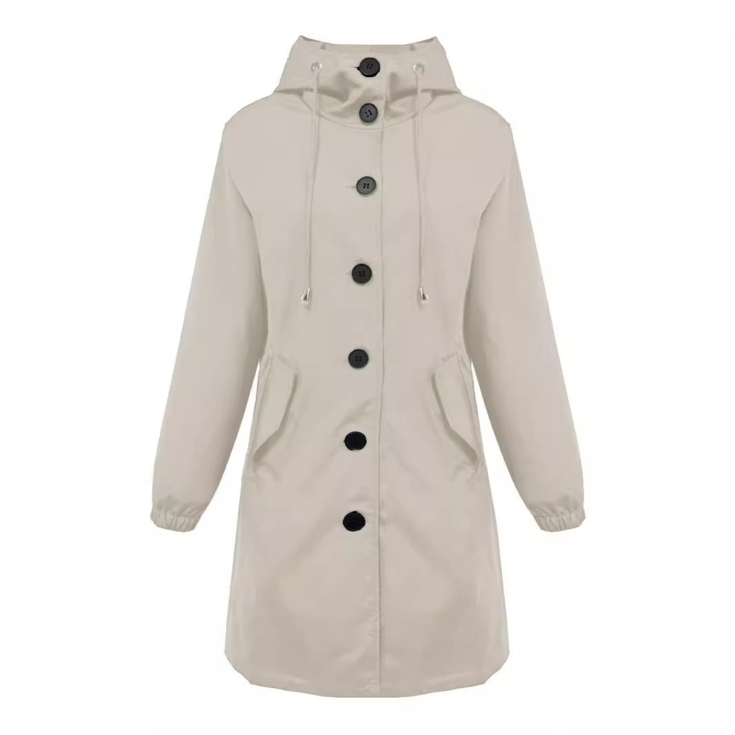 Damen nan leichter Regenparka mit Kapuze, überlanger Knopfleiste, Tunnelzug und aufgesetzten Taschen R&B