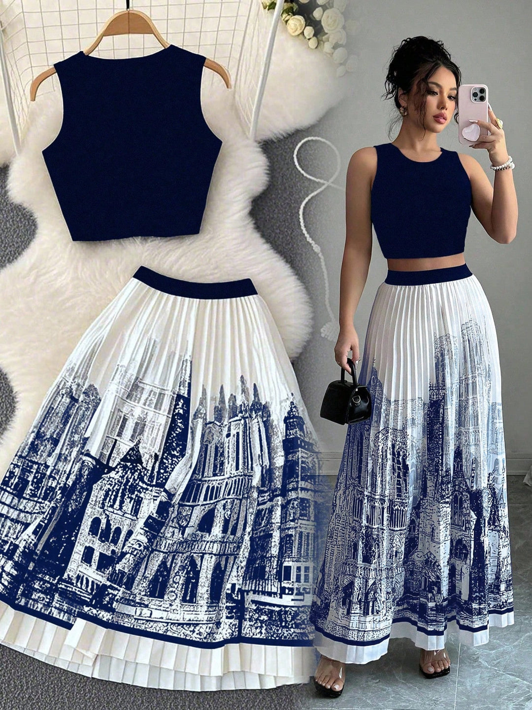 Damen-Set aus ärmellosem Crop-Top und weitschwingendem Maxirock im urbanen Design R&B