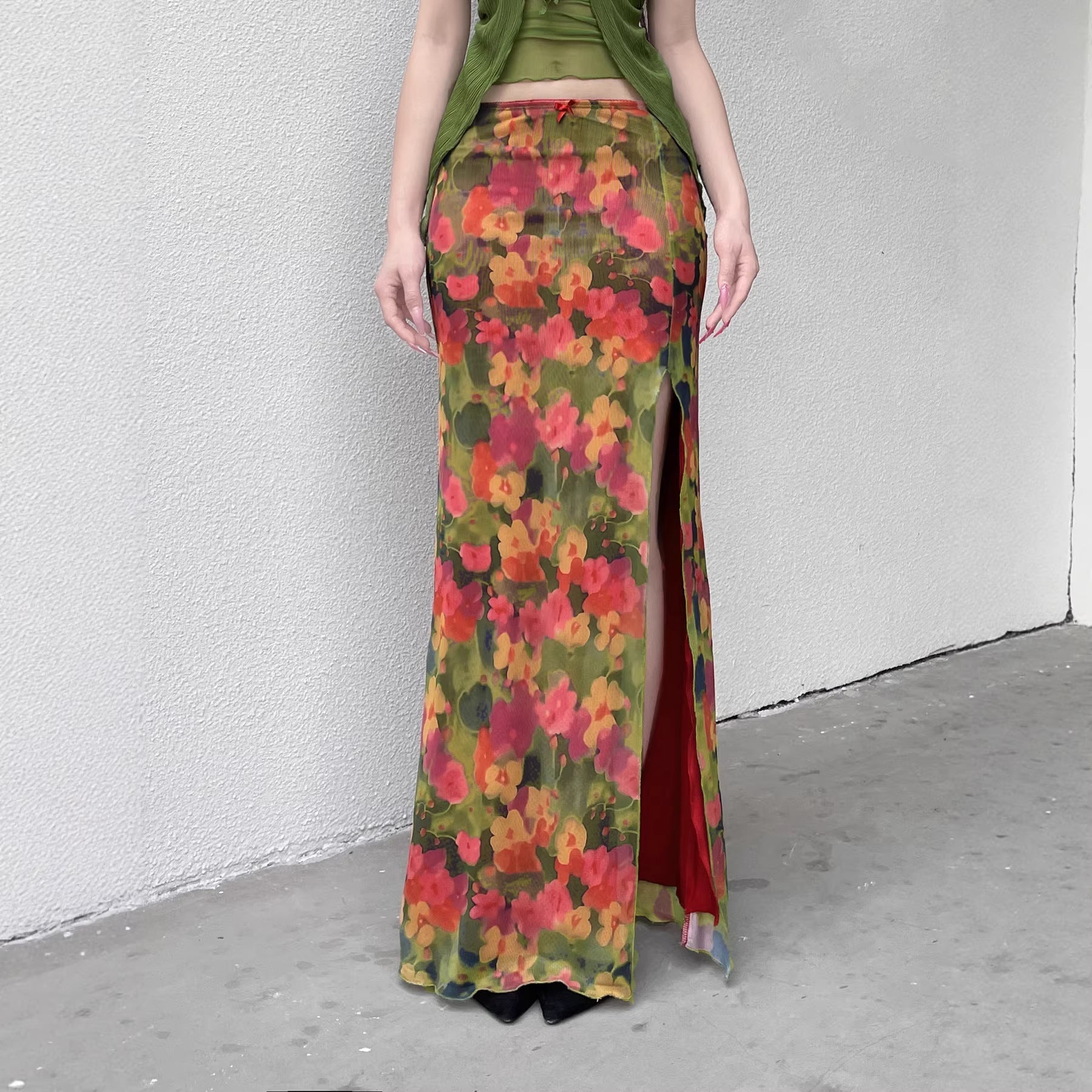 Damen Maxi-Rock mit floralem Chiffon-Design und seitlichem Schlitz R&B