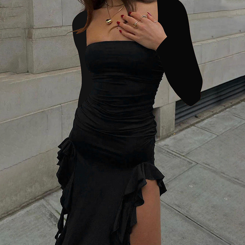 Damen elegantes und figurbetontes Abendkleid mit Rüschen und abgestimmtem Oberteil R&B