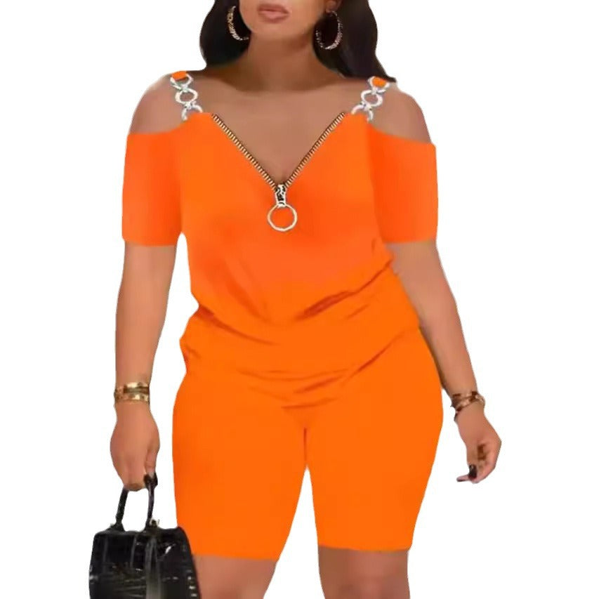 Damen Modischer Jumpsuit mit Off-Shoulder-Ausschnitt und Reißverschluss R&B