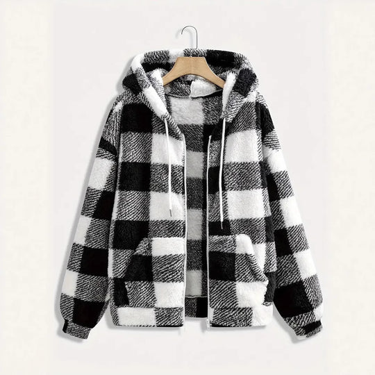 Damen Flauschige Kapuzenjacke im Karomuster R&B
