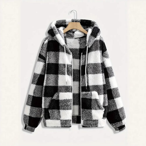 Damen Flauschige Kapuzenjacke im Karomuster R&B