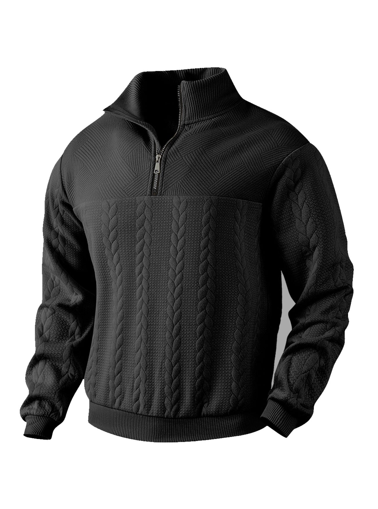 Herren nan texturierter Strickpullover mit Halbzip, geflochtenem Zopfmuster und hohem Stehkragen R&B