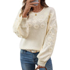 Damen modischer Pullover mit floralen Stickereien und strukturiertem Ärmel