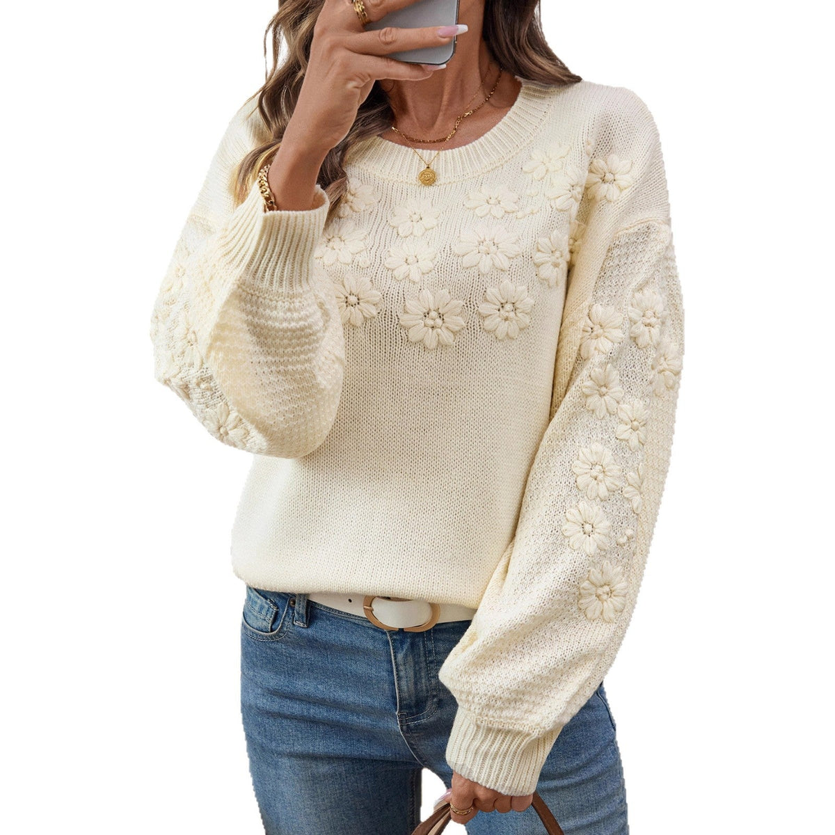 Damen modischer Pullover mit floralen Stickereien und strukturiertem Ärmel