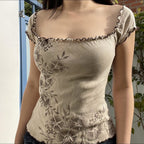 Damen Spitzenhaftes Oberteil mit floralen Details und Rüschensaum R&B