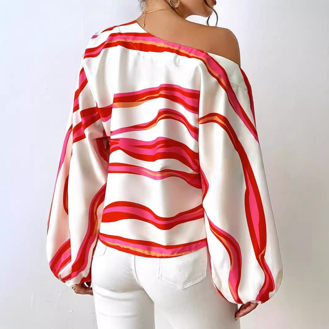 Damen Off-Shoulder Bluse mit voluminösen Ärmeln und maritimem Wellenmuster R&B