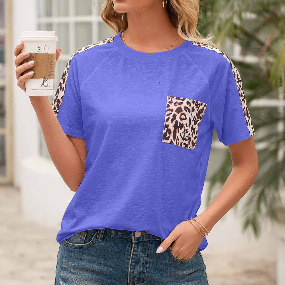 Damen lässiges T-Shirt mit modischem Tierdruck und praktischem Brusttaschen-Design R&B