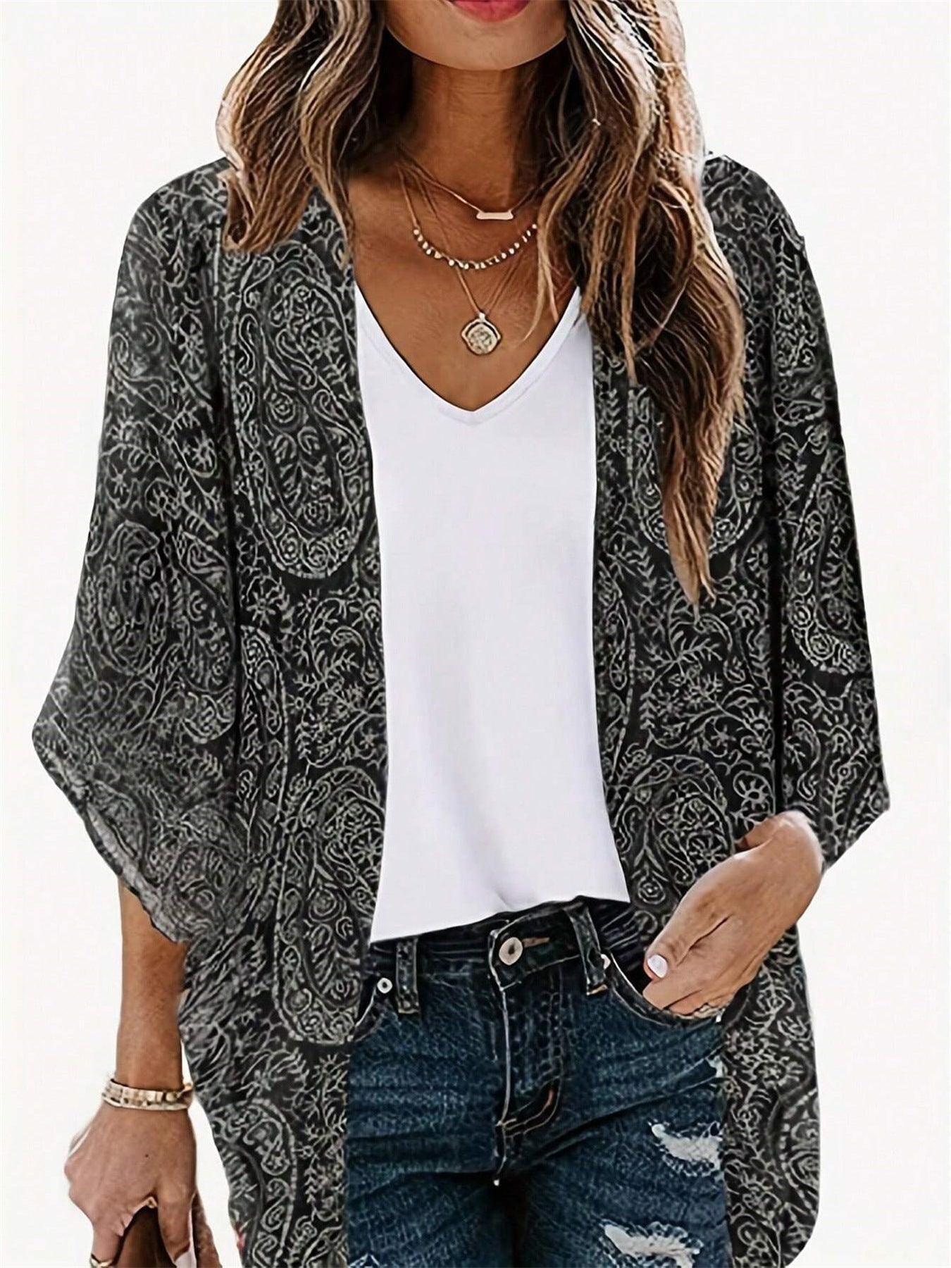 Damen Kimono-Jacke mit trendigem Muster und lockerem Schnitt R&B