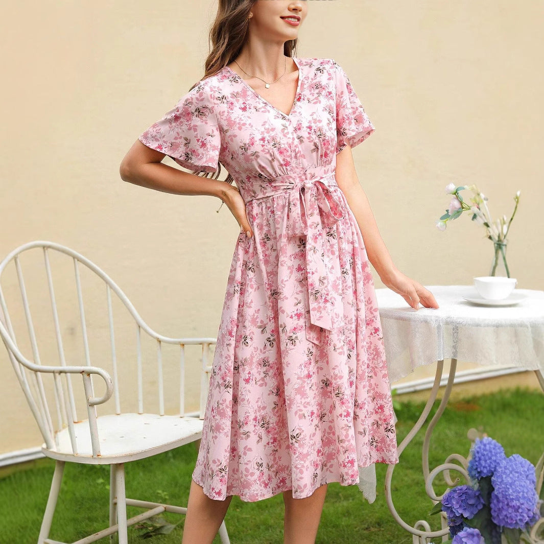 Damen Blütenmuster Wickelkleid mit Taillengürtel R&B