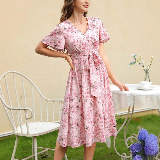 Damen Blütenmuster Wickelkleid mit Taillengürtel R&B