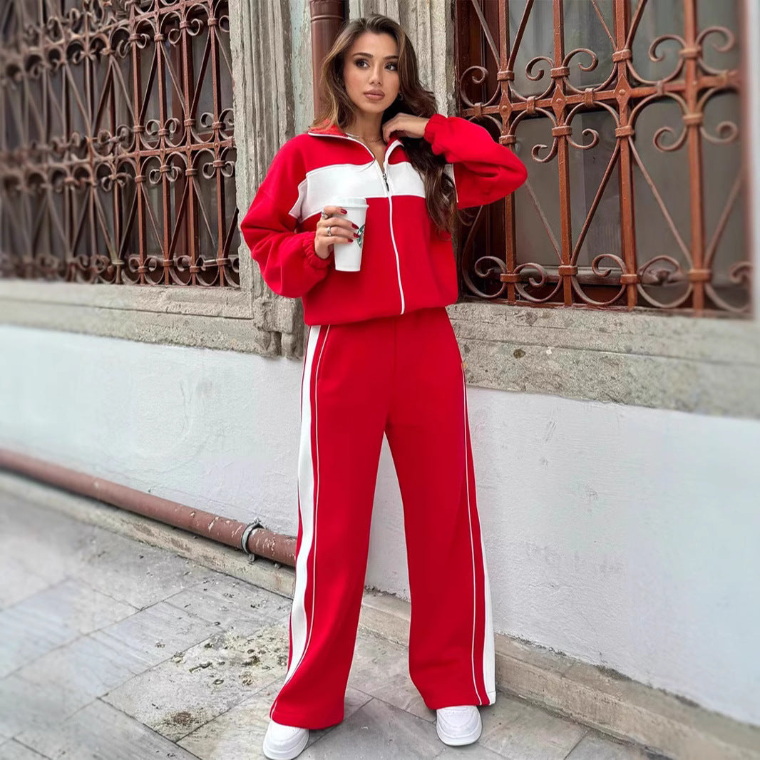 Damen sportliches Fleece-Loungewear-Set mit hohem Kragen undseitlichen Kontraststreifen R&B