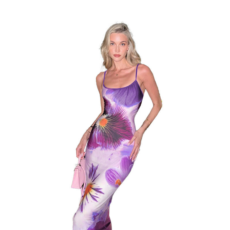 Damen trendiges Maxi-Kleid mit floralem Muster und schmalen Spaghettiträgern R&B