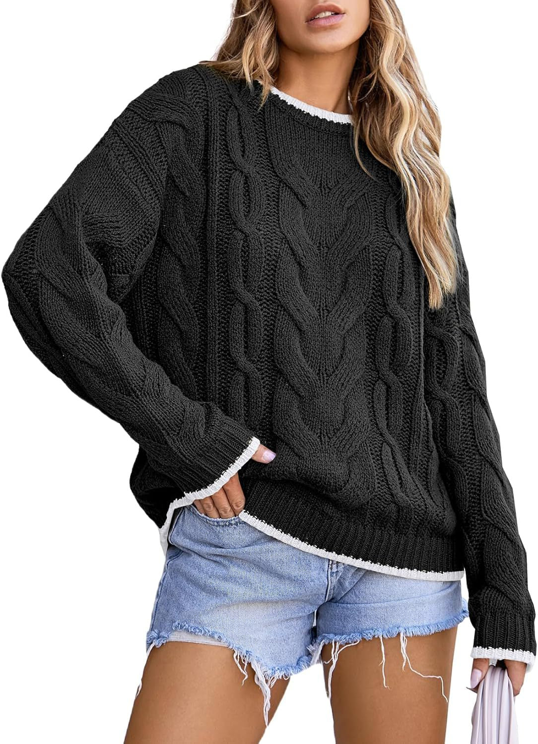 Damen Strickpullover mit grobem Zopfmuster R&B