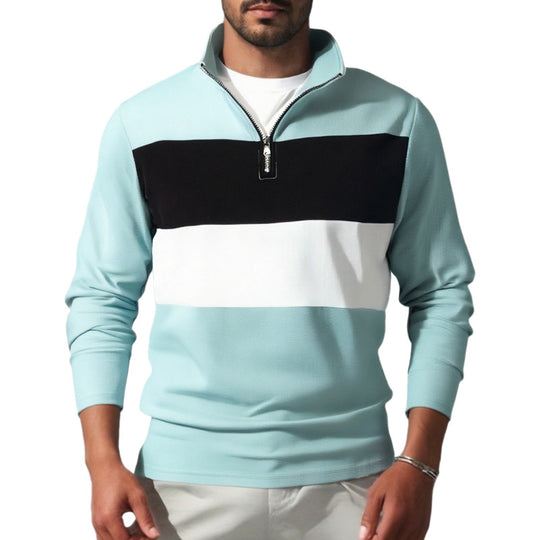 Herren nan Sweatshirt mit halbem Reißverschluss, Stehkragen und markanten Blockstreifen R&B