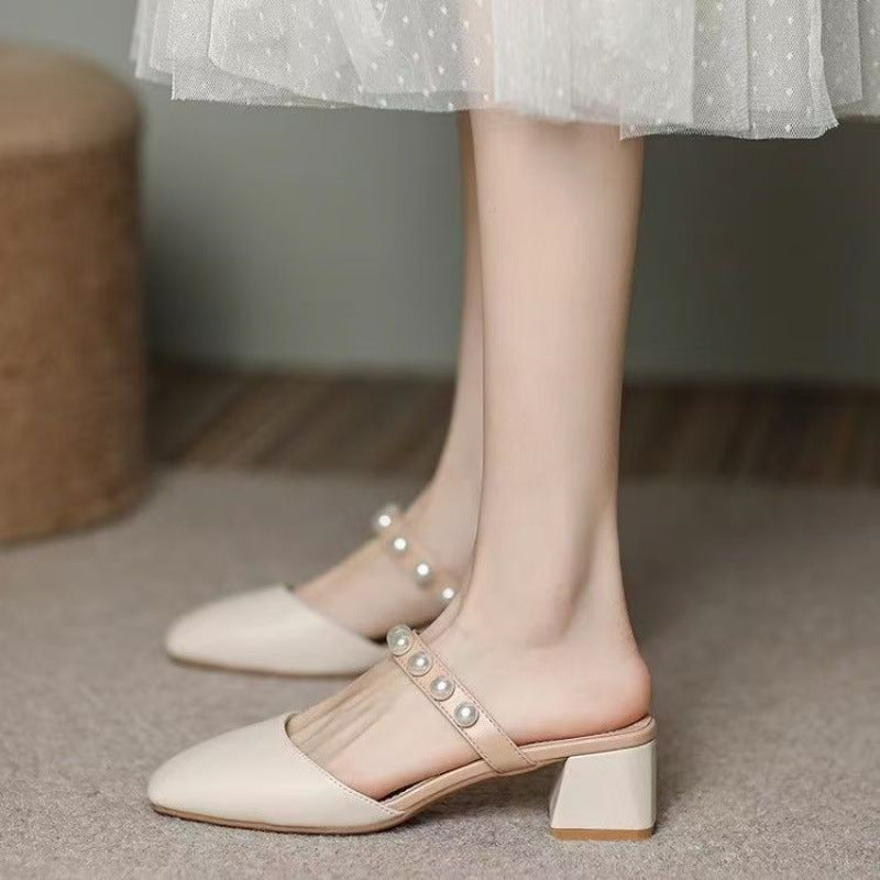 Damen Geschlossene Sandalen mit elegantem Blockabsatz und Perlenapplikationen R&B