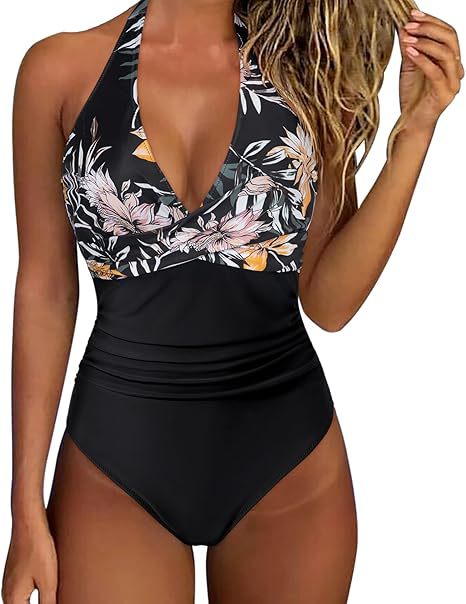 Damen Hochtaillierter Badeanzug mit tiefem V-Ausschnitt und floralem Design R&B