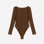 Damen Langarm Bodysuit mit Rippstruktur und tiefem U-Bootausschnitt R&B