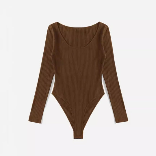 Damen Langarm Bodysuit mit Rippstruktur und tiefem U-Bootausschnitt R&B