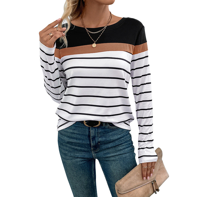 Damen Langarmshirt mit modischem Streifenmuster und kontrastierendem Oberteil R&B