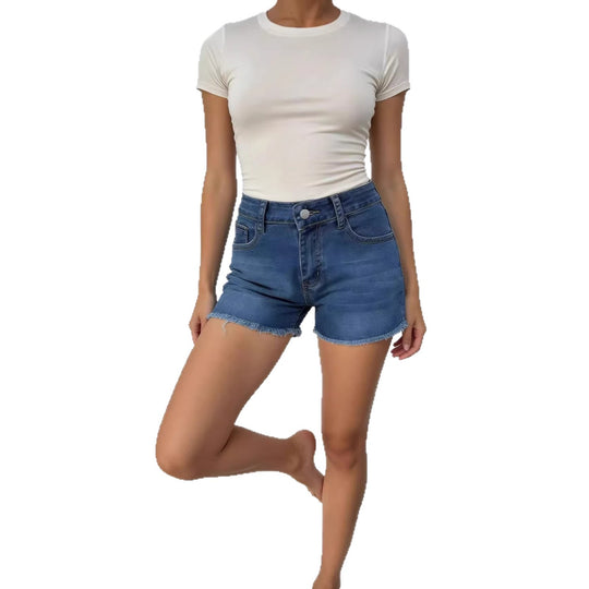 Damen lässige Jeansshorts mit ausgefranster Saumkante und hohem Bund R&B