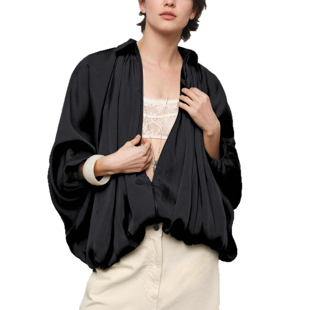 Damen leichte Satinjacke mit tiefem V-Ausschnitt und elastischen Bündchen R&B