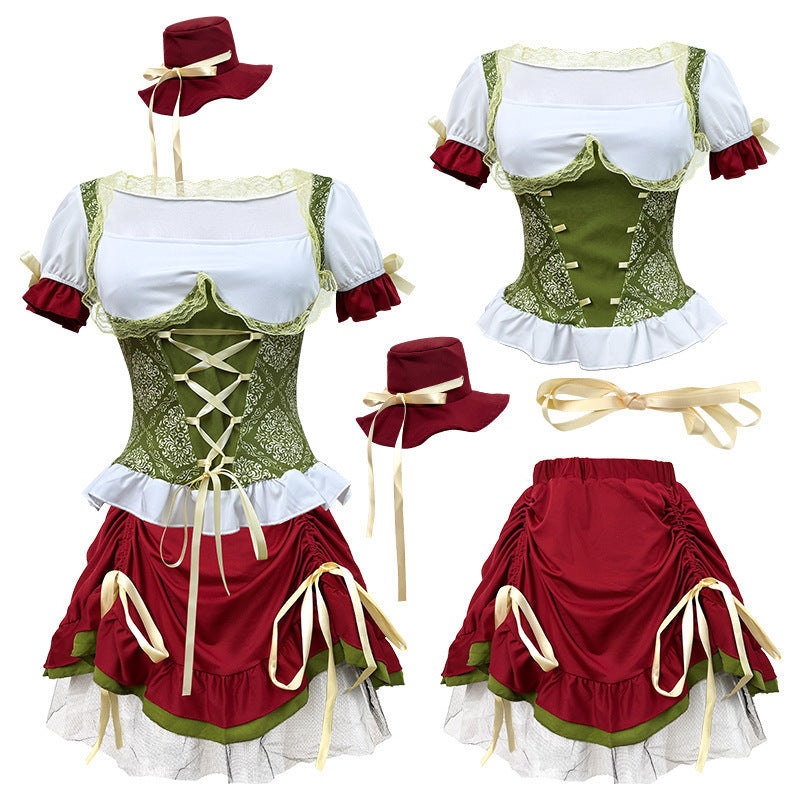 Damen nan kurzes Dirndl Trachtenkleid mit Schnürcorsage, Spitzenkragen und gerafftem Rock R&B