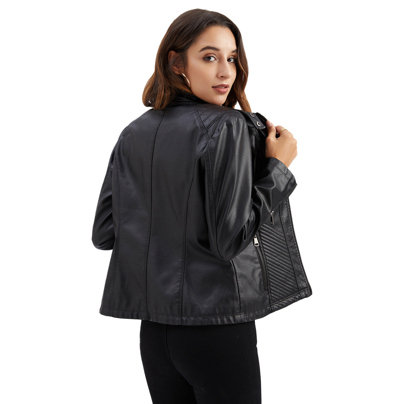 Damen nan taillierte Biker-Kunstlederjacke mit Stehkragen und gesteppter Seitenpartie R&B