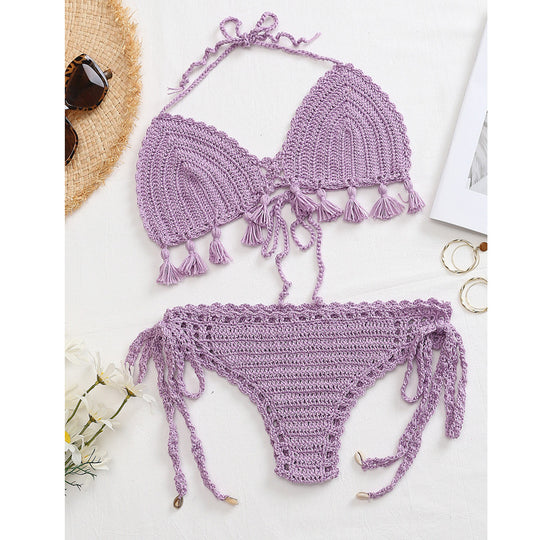 Damen Häkel-Bikini-Set mit fransigen Akzenten und verstellbaren Trägern R&B