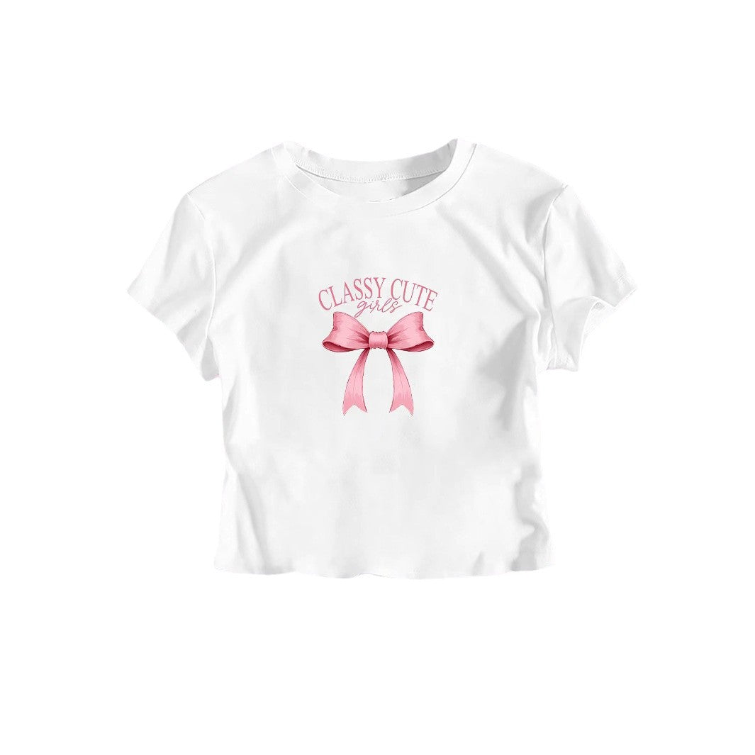 Damen Crop-T-Shirt mit raffiniertem Schleifenaufdruck R&B