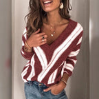 Damen nan gestrickter V-Ausschnitt Pullover mit diagonalen Streifen und lässiger Oversize-Passform R&B