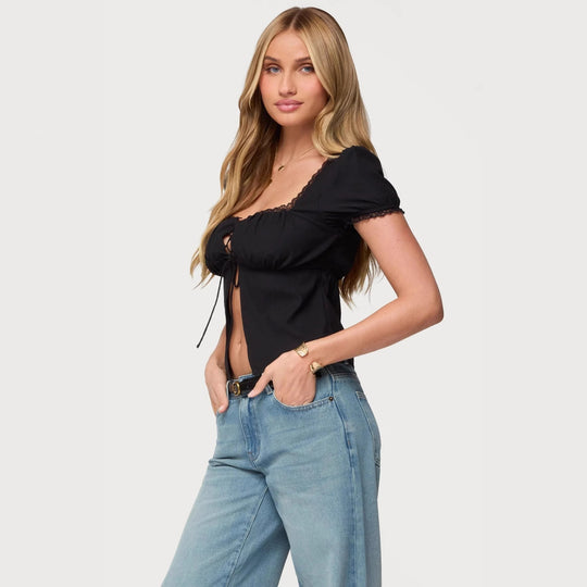 Damen Crop-Oberteil mit Spitzenbesatz und Schnürdetail R&B