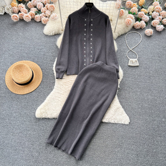 Damen eleganter Strickanzug mit Reißverschluss R&B