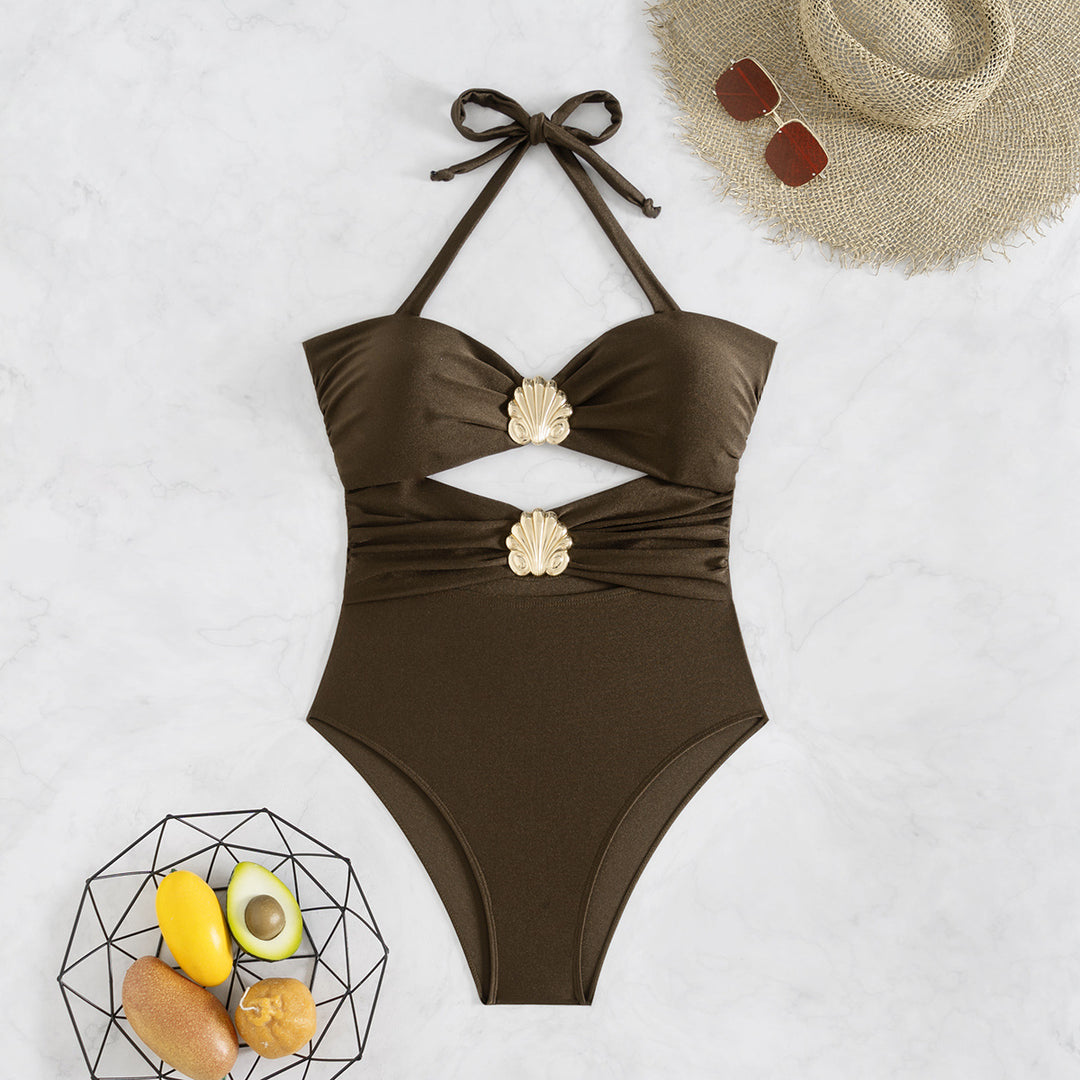 Damen Hochwertiger Einteiler Badeanzug mit stilvollem Wickeldesign und dekorativem Muschel-Detail R&B