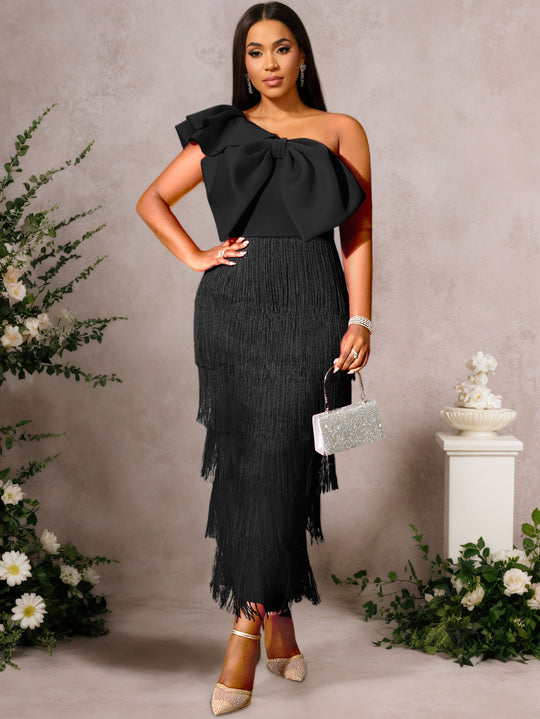 Damen Cocktailkleid mit voluminösem Rüschendesign und Fransen R&B
