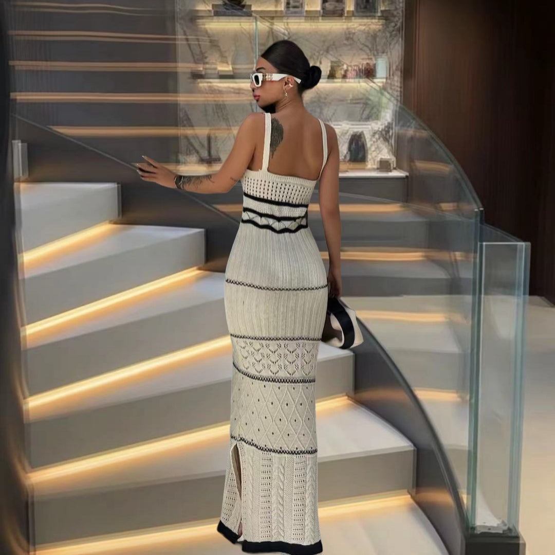 Damen Strick-Maxikleid mit raffinierten Häkelmustern und seitlichem Schlitz R&B