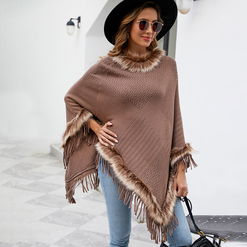 Damen eleganter Poncho mit luxuriösem Kunstfellkragen und dekadenten Fransen R&B