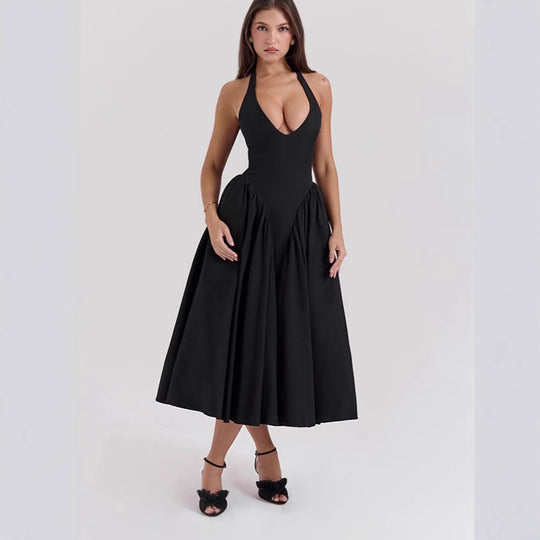 Damen nan figurschmeichelndes Neckholder-Bustier-Midikleid mit taillierter Miederform und weitem Tellerrock R&B