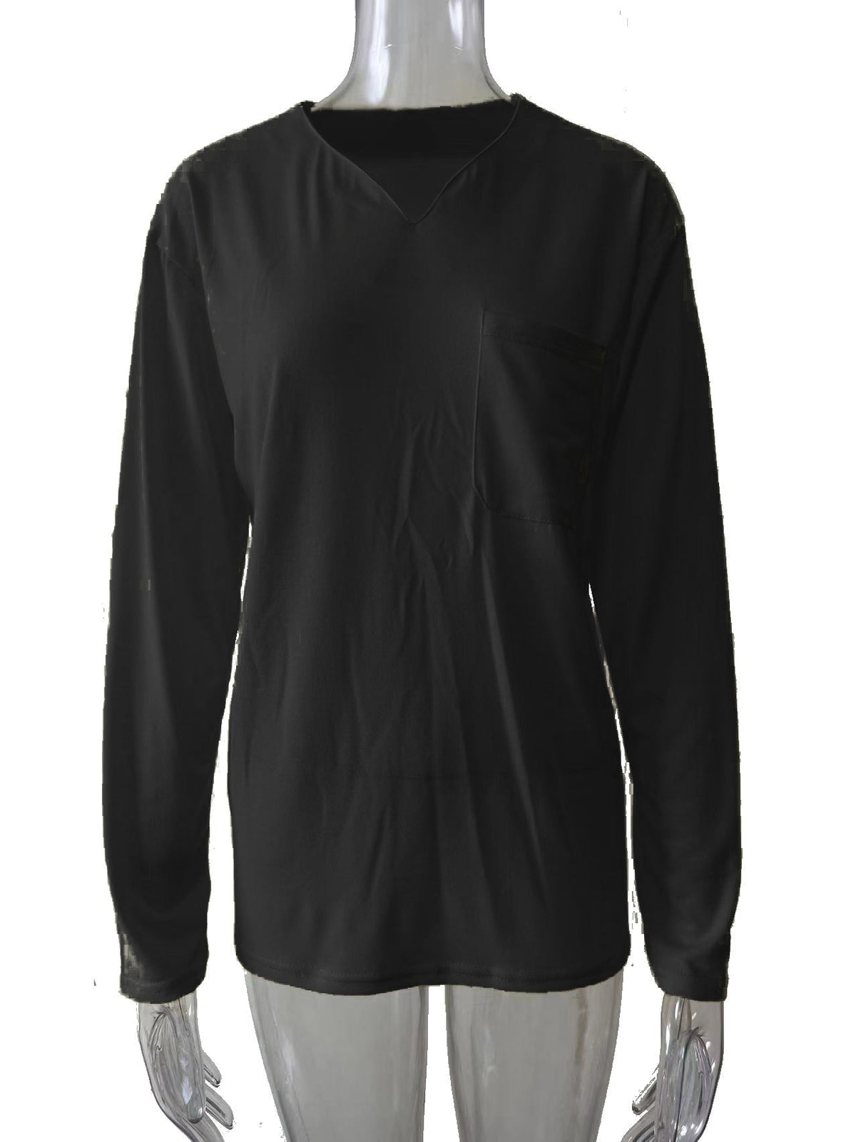 Damen nan legeres Langarmshirt mit V-Notch-Ausschnitt, Brusttasche und lockerer Oversize-Passform R&B