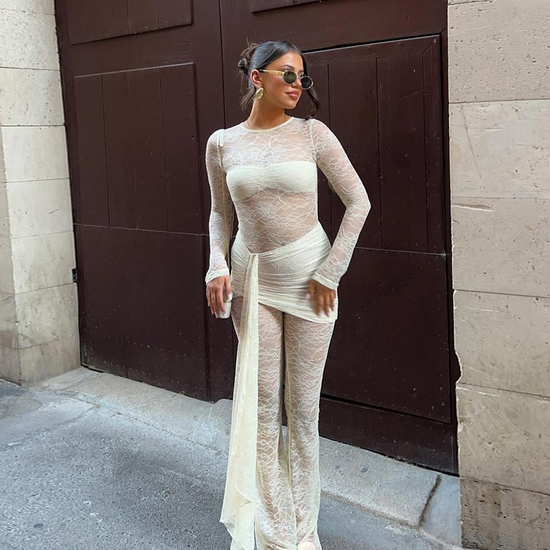 Damen Eleganter Overall aus Spitze mit langen Ärmeln R&B